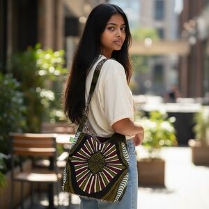 Elegant Green and Red Patterned Crossbody Bag